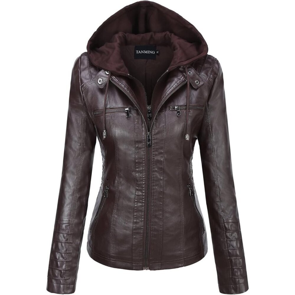 Women's Dark Coffee Hooded Moto Biker Outerwear Fall Fashion Faux Leather Jacket